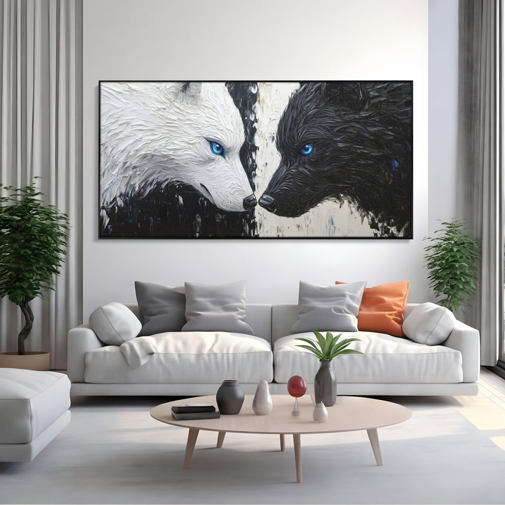 Tablou canvas cu tablou canvas cu doi lupi, in rama de aluminiu negru, pe perete intr-un living